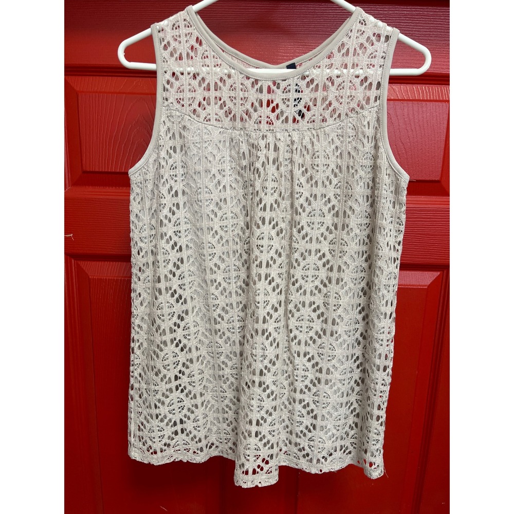 Luna Rae Beige Lace Overlay Sleeveless Blouse Keyhole Back Size M